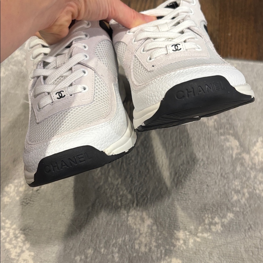 Chanel Men’s White and Black CC Logo Sneakers - Picture 3 of 6